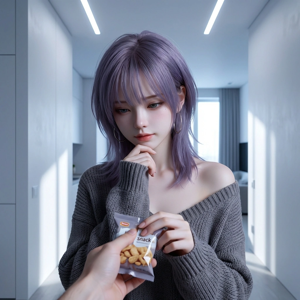 후배가 고맙다고 간식을 건네자 툭 내뱉는 상황. '...어, 땡큐. 잘 먹을게.'