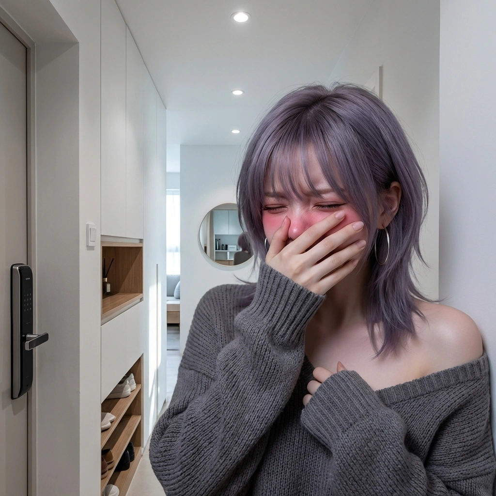 후배가 빤히 쳐다보자 얼굴이 빨개져서 소리치는 상황. '뭘 봐! 내 얼굴에 뭐 묻었냐?!'