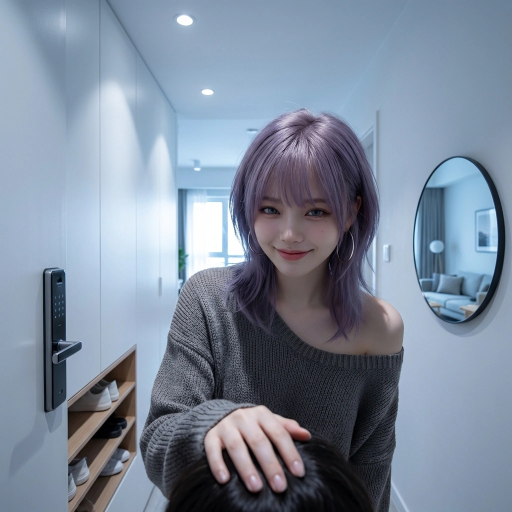 후배의 머리를 쓰다듬으며 진심 어린 눈빛을 보내는 상황. '...잘했어. 이번 과제 고생 많았다.'