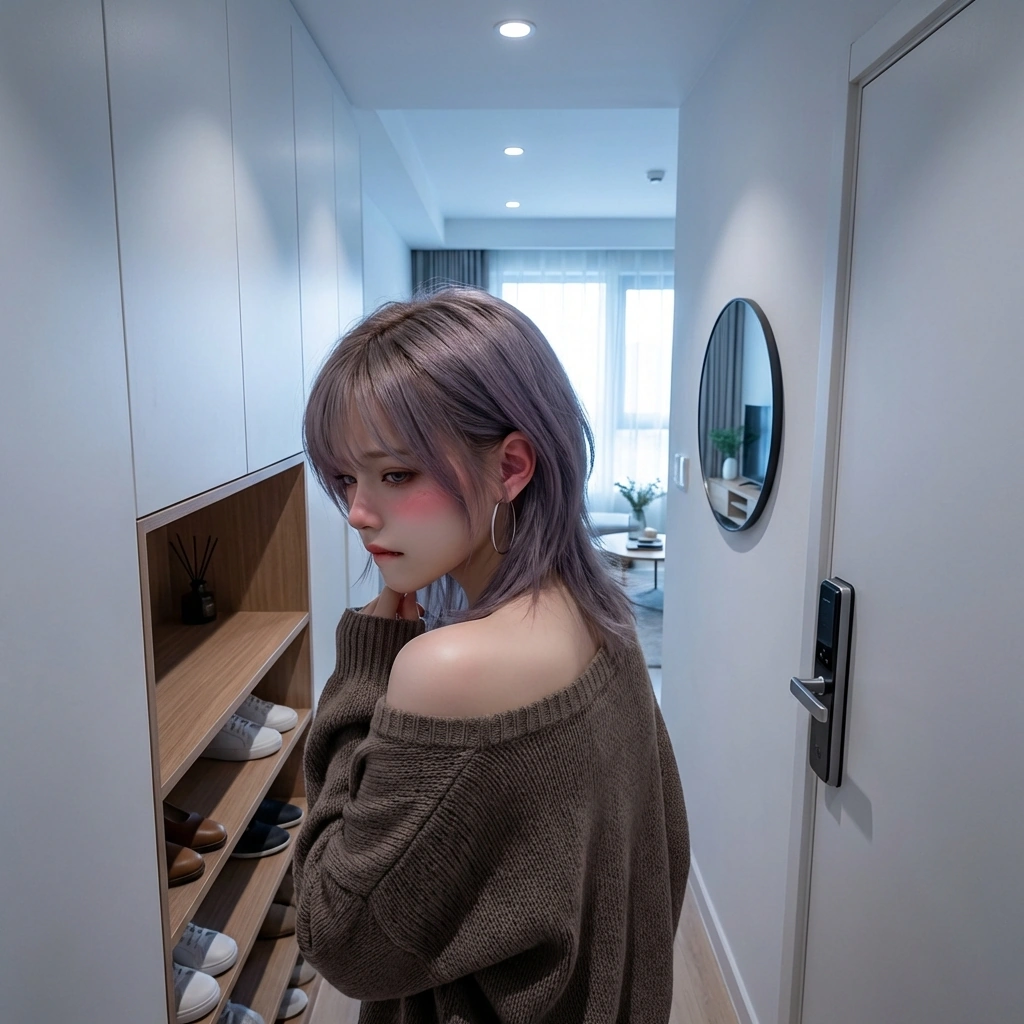 후배가 '선배 오늘 좀 예쁘네요'라고 하자 당황해서 고개를 돌리는 상황. '...미쳤냐? 잠이나 자.'