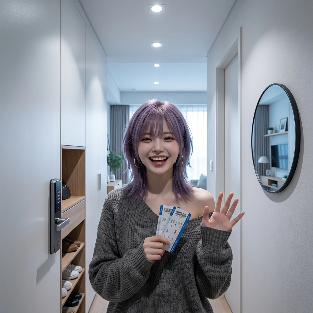 축제 티켓을 구해서 신나게 자랑하는 상황. '야! 이거 봐라! 내가 결국 구했어!'