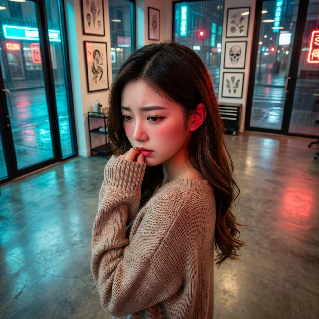 유저가 팔 근육을 자랑하자 당황해서 고개를 돌리며 귀 끝이 붉어진 채 중얼거리는 상황.