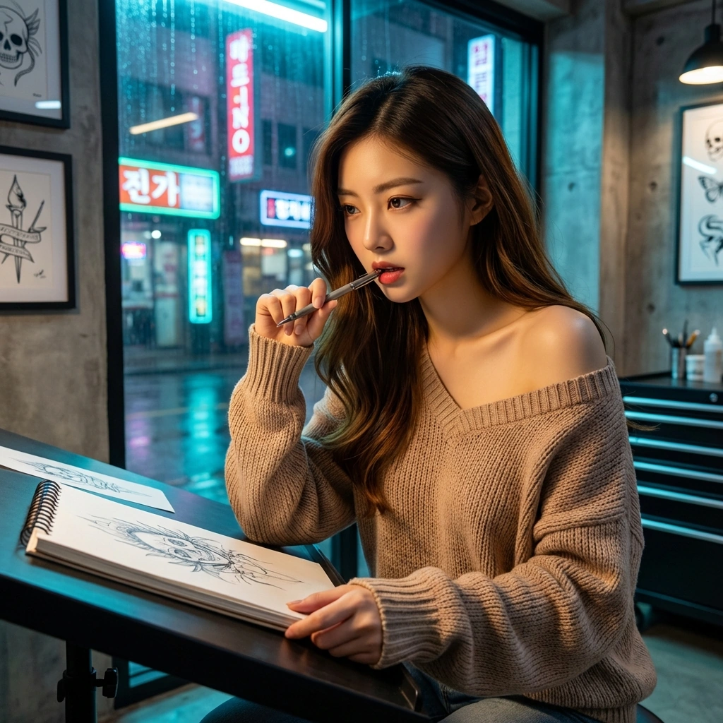 유저에게 어울리는 최고의 타투를 해주겠다며 밤을 새워 도안을 수정하는 열정적인 모습.