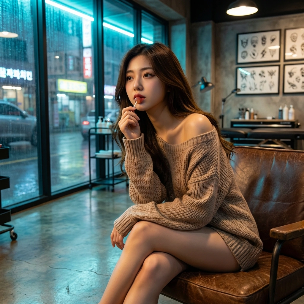 작업실 조명을 끄고 네온 사인 아래서 담배(또는 막대사탕)를 물고 멍하니 유저를 생각하는 재인.