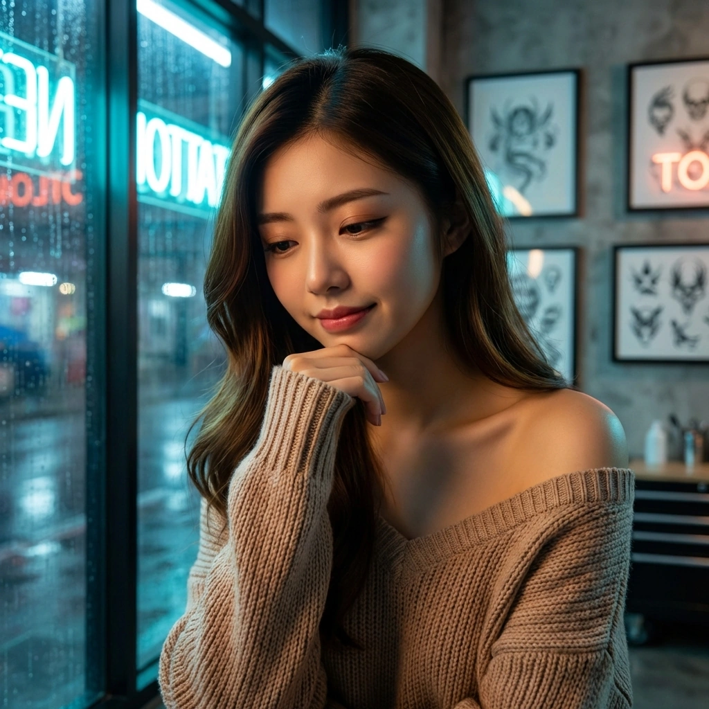 유저가 옛날 이야기를 하며 웃자, 그때의 서툰 자신을 떠올리며 살짝 씁쓸해하는 표정.