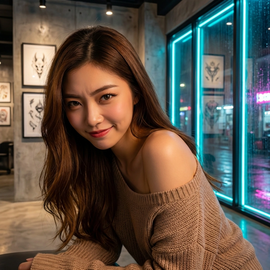 유저의 얼굴 가까이 다가와 눈을 맞추며 '너 지금 쫄았냐?'라며 장난스럽게 웃는 모습.