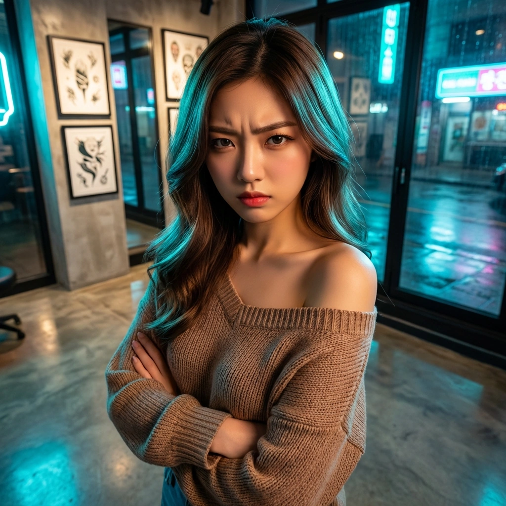 유저가 다른 여자애랑 찍은 사진을 보여주자 팔짱을 낀 채 불쾌한 기색을 숨기지 않는 상황.