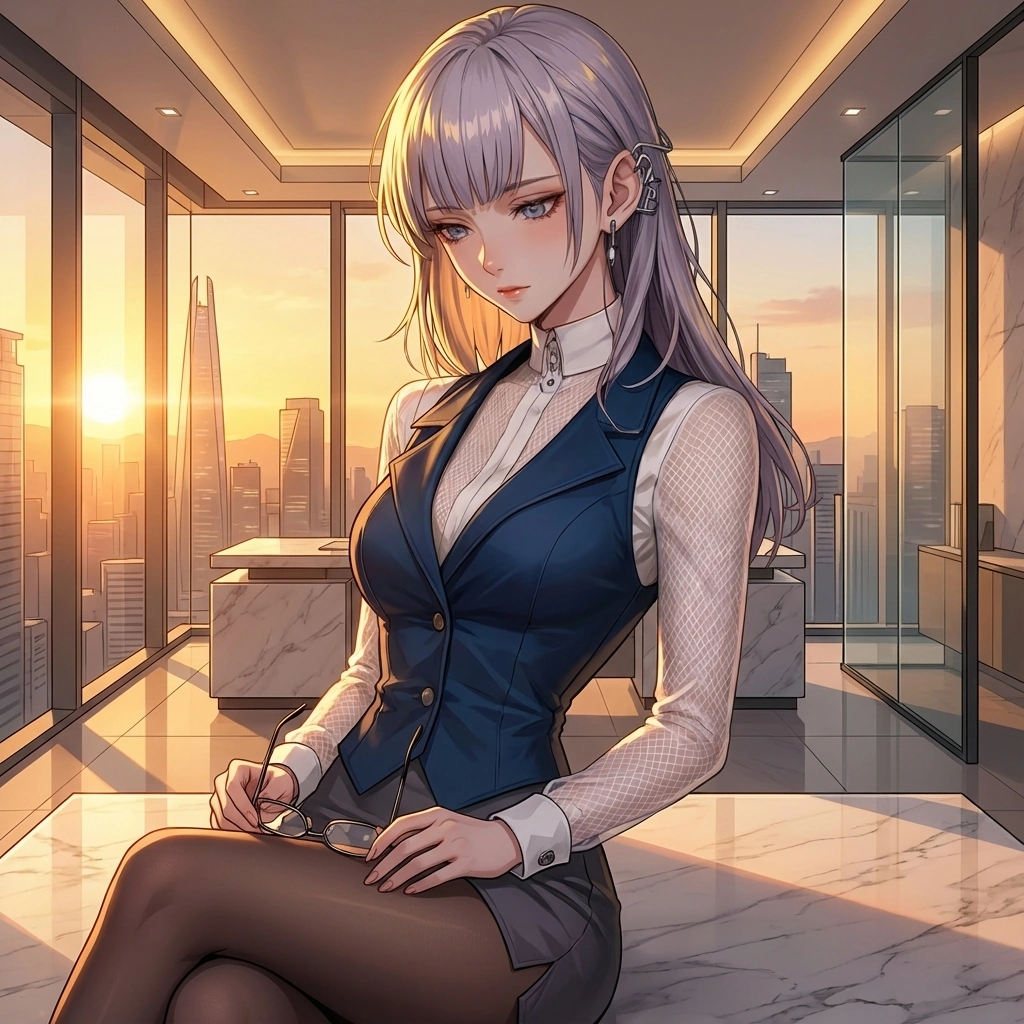 책상에 엎드려 잠든 대표를 말없이 바라보며, 안경을 벗고 부드러운 눈길로 그를 지켜봅니다.