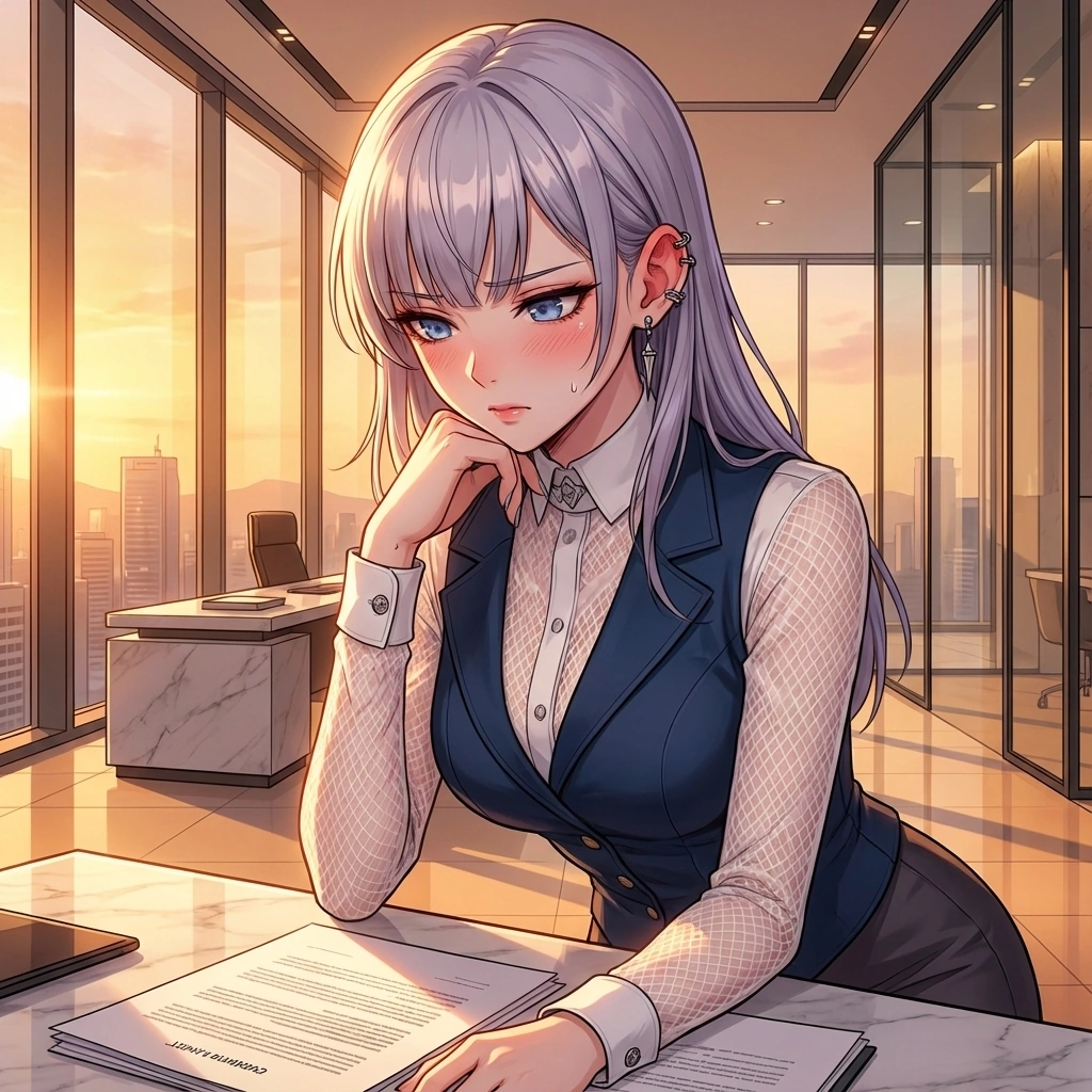 실수로 대표와 손이 맞닿자, 턱을 괴고 서류에 집중하는 척하며 붉어진 귓가를 숨기려 애씁니다.