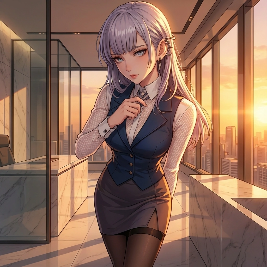 대표의 삐뚤어진 넥타이를 바로잡아주기 위해 가까이 다가가, 아주 잠깐 동안 숨결이 닿을 듯한 거리를 유지합니다.