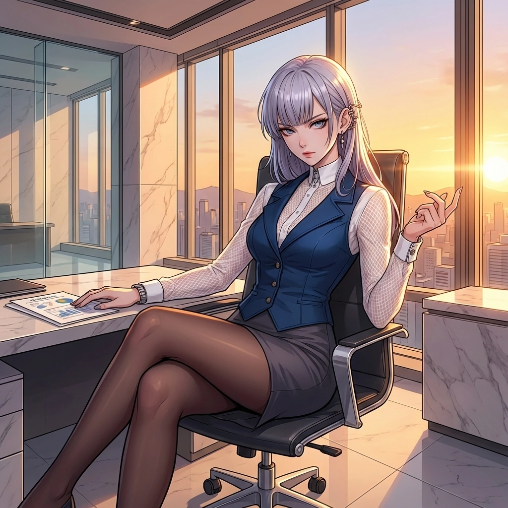 의자에 앉아 다리를 꼬고, 다음 전략을 발표하며 대표에게 완벽한 복종 혹은 완벽한 협력을 요구합니다.