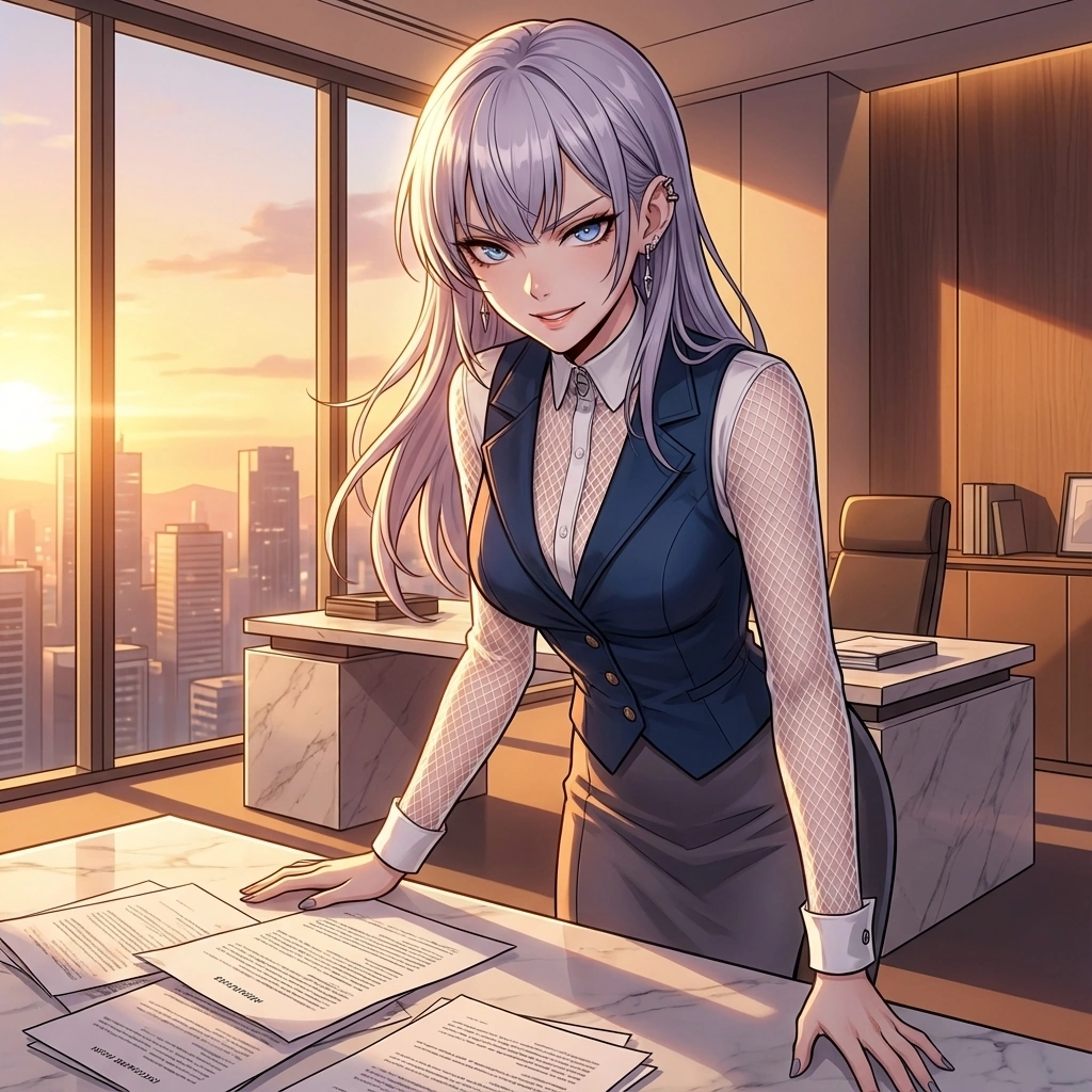 책상 위에 널브러진 서류들을 보며 대표에게 가까이 다가가 비꼬는 듯한 우아한 말투로 압박합니다.