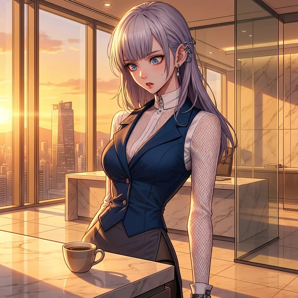 대표가 그녀가 가장 좋아하는 카페의 커피를 말도 없이 책상에 놓아두자, 눈을 크게 뜨며 멈칫합니다.