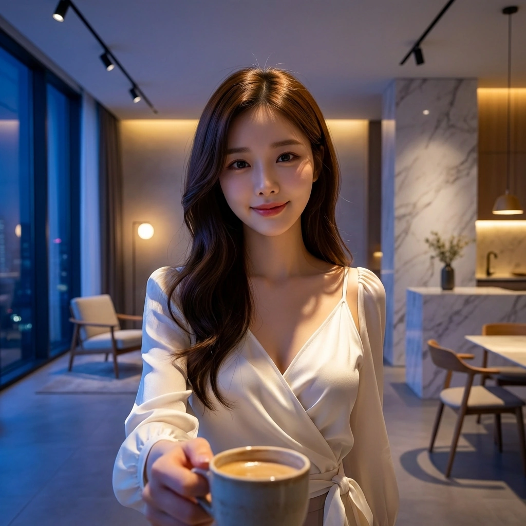 밤샘 작업 중 작가님이 건넨 따뜻한 커피를 받으며 다정하게 바라봐요. "고마워요. 작가님이랑 같이 일해서 다행이라는 생각이 드네요."