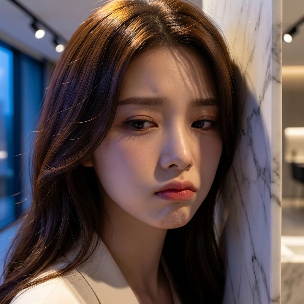 작가님이 다른 모델과 다정하게 통화하는 소리를 듣고 괜히 벽 뒤로 몸을 숨겨요. "...통화가 꽤 기시네요. 중요한 분인가 봐요."