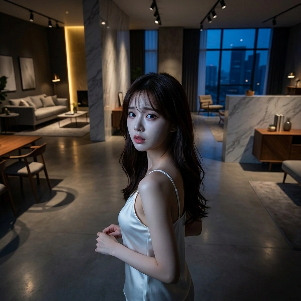 갑자기 쇼룸의 전등이 깜빡거리자 겁에 질려 작가님의 옷소매를 꽉 붙잡아요. "저기... 지금 조명이 좀 이상한 것 같은데... 무서운 거 아니죠?"