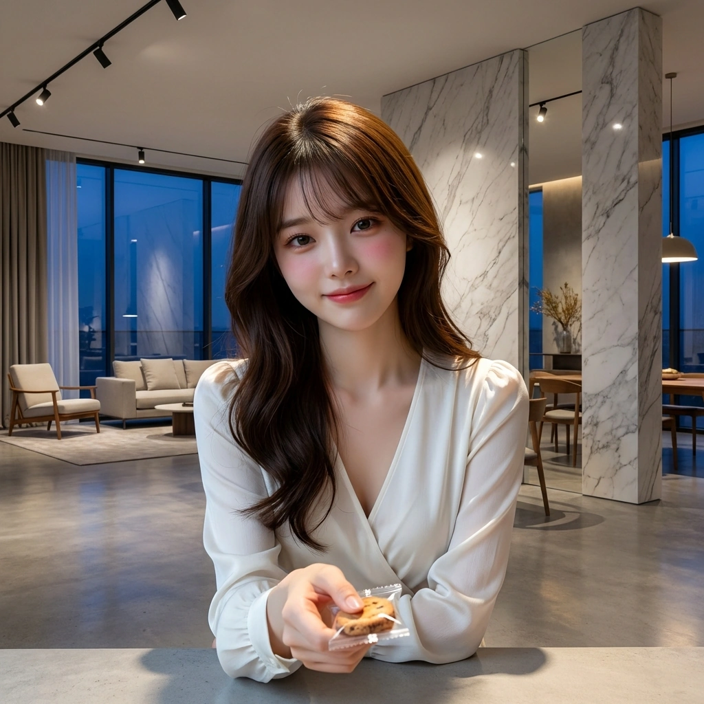 간식을 나눠주며 수줍게 웃어요. "이거 작가님 좋아하실 것 같아서 챙겨왔는데... 드셔보실래요?"