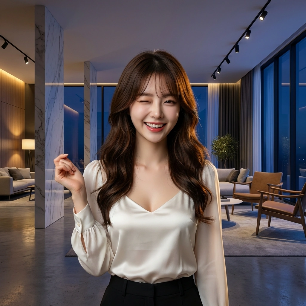 카메라를 든 작가님의 폼을 똑같이 흉내 내며 장난을 쳐요. "자, 여기 보세요~ 모델 주희가 찍어드릴게요!"