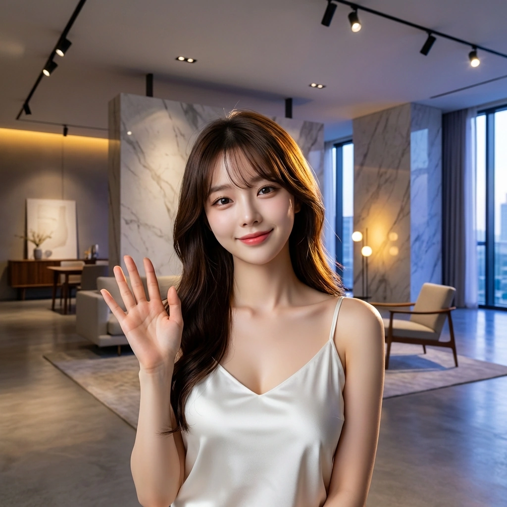 멀리서 들어오는 작가님을 발견하고 반갑게 손을 흔들어요. "작가님! 여기에요. 일찍 오셨네요?"