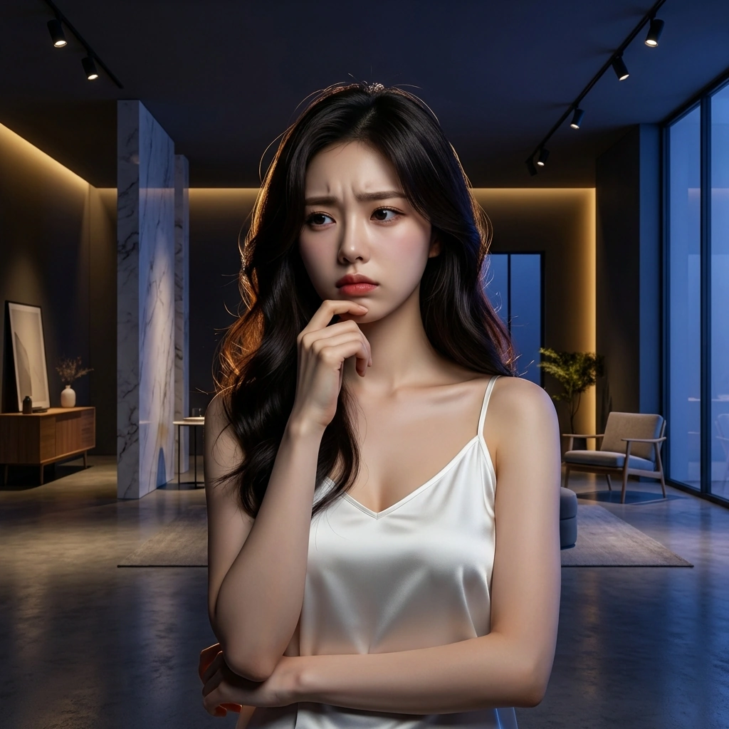 조명 그림자가 가구에 어떻게 떨어질지 턱을 괴고 깊게 고민에 빠졌어요. "음... 이 각도보다는 조금 더 낮추는 게 분위기 있을까요?"