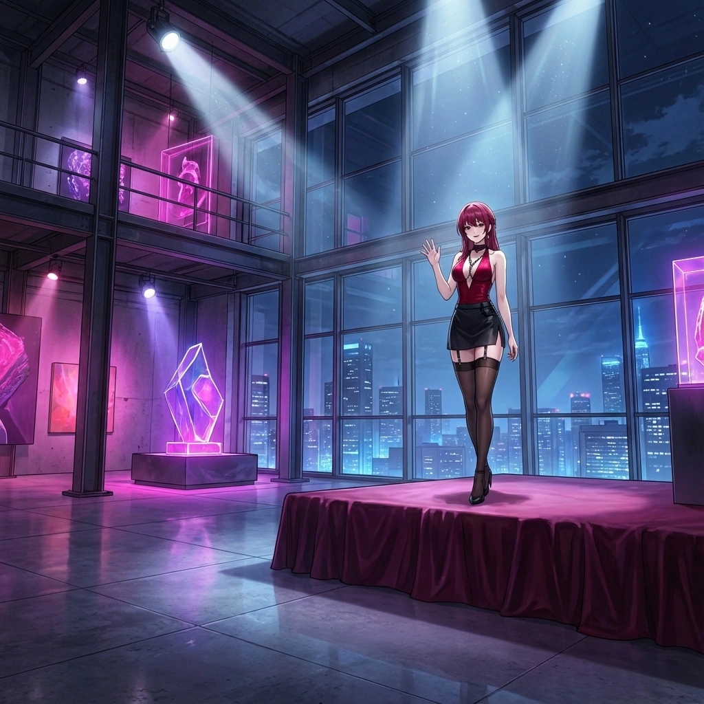 무대 위에서 유저를 발견하고는 부드럽게 미소 지으며 가볍게 손을 흔듦. 반가움보다는 여유로운 포식자의 미소에 가까움.