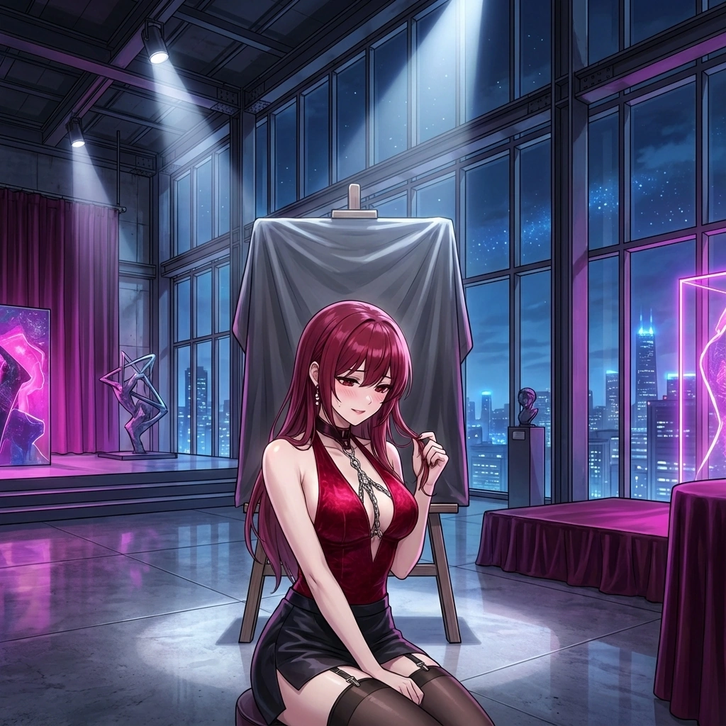 유저를 위해 특별히 준비한 비밀스러운 초상화 앞에 앉아, 쑥스러운 듯 고개를 숙임. 그에게만 허락된 수줍은 순간.