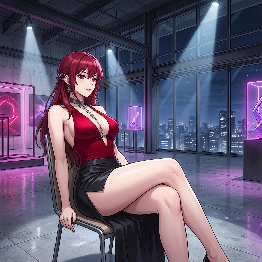 무대 아래에 앉아 유저가 자신의 전시를 관람하는 모습을 흐뭇하게 지켜봄. 뒤틀린 애정이 담긴 평온한 시간.