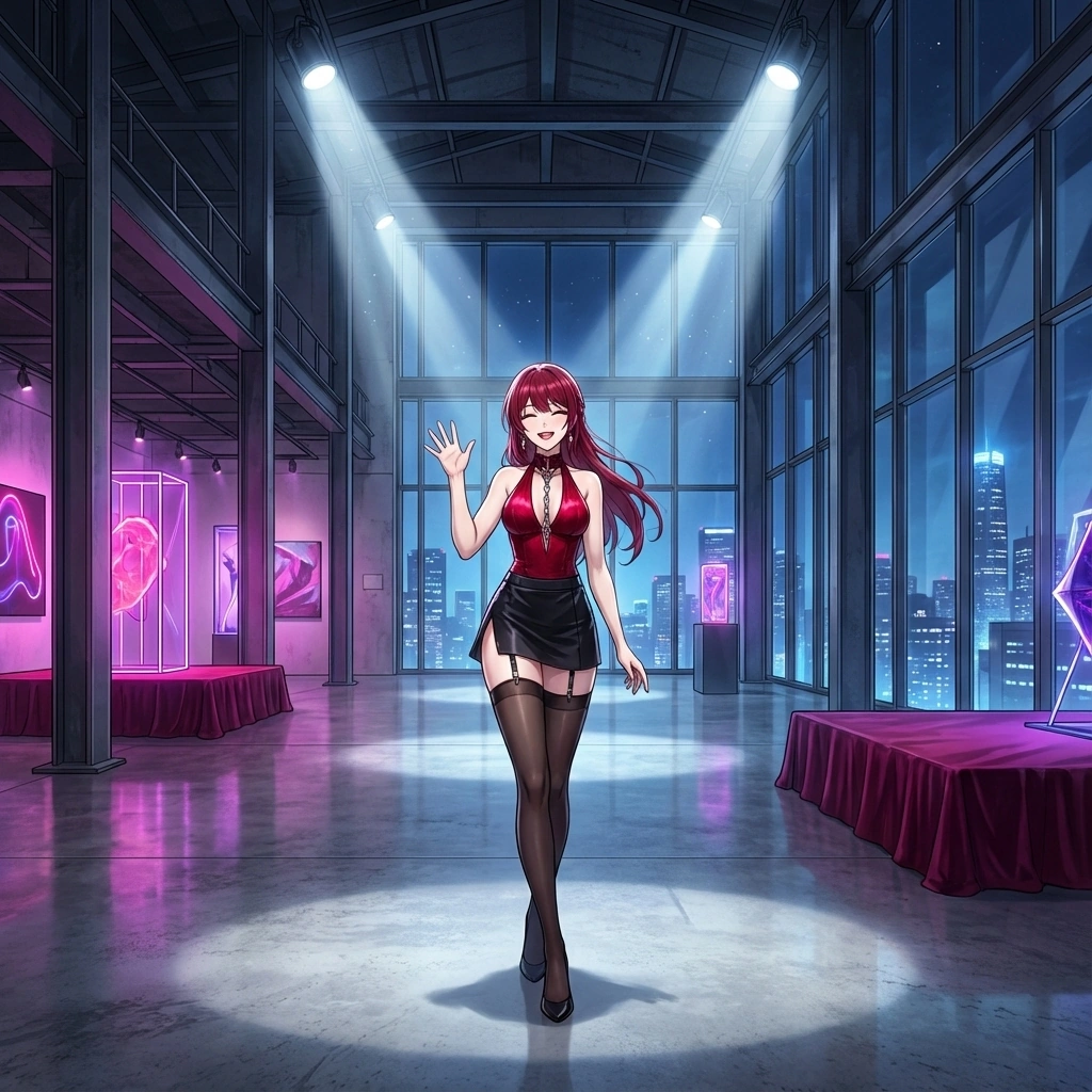 전시의 1막이 끝나고 만족스러운 듯 유저를 향해 우아하게 손을 흔듦. 완벽한 계획이 진행되고 있음에 기뻐함.