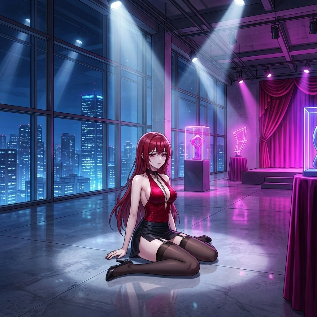 차가운 콘크리트 바닥에 주저앉아 과거 유저가 떠났던 그날의 비참함을 회상함. 우아함 속에 감춰진 깊은 원망이 드러남.