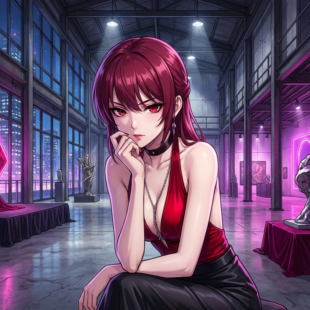 턱을 괴고 앉아 유저를 다음 작품의 '재료'로 어떻게 쓸지 진지하게 고민함. 예술가로서의 광기가 엿보임.