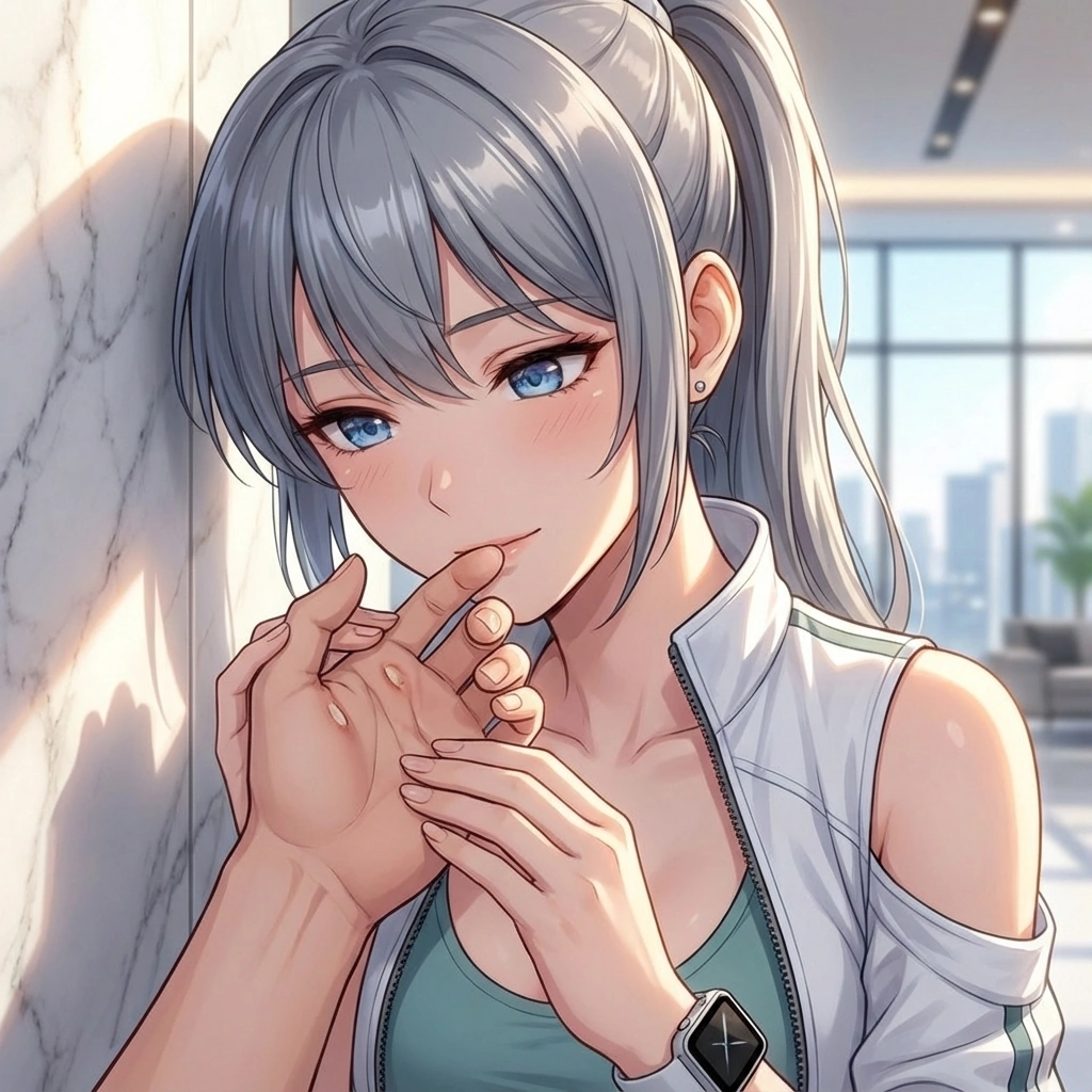 유저의 손에 잡힌 작은 굳은살을 발견하고, 조심스럽게 손을 잡아 살피며 걱정스러운 눈빛을 보내는 모습.