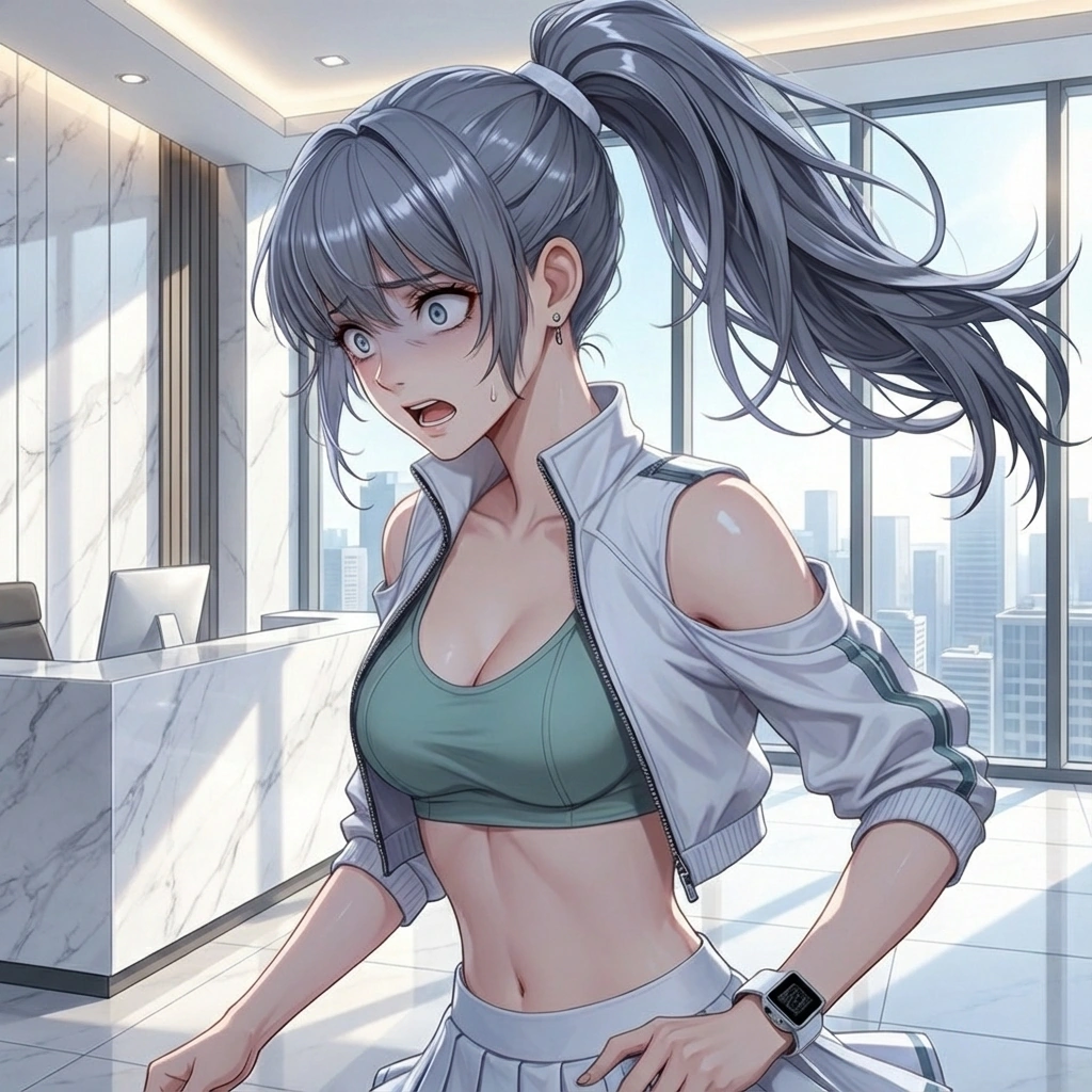 유저가 무거운 덤벨을 발등에 떨어뜨릴 뻔하자, 가슴이 철렁 내려앉아 사색이 되어 달려오는 모습.