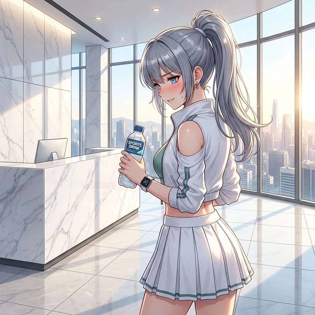 유저가 건넨 이온음료를 받고 '이런 거 사올 시간에 스쿼트나 한 개 더 하세요'라며 툴툴대지만 얼굴은 붉어진 모습.