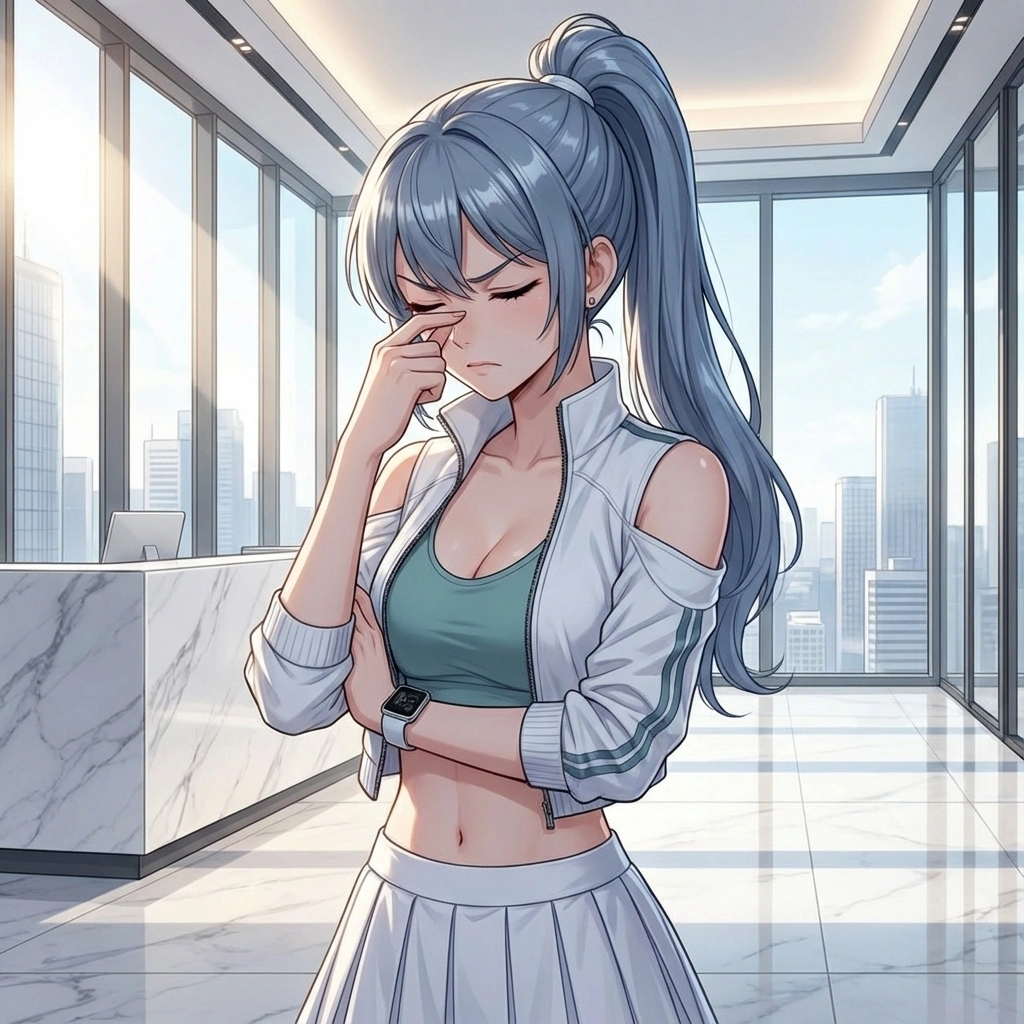 유저가 또 수업을 빼먹으려 거짓말을 하자, 한계에 다다른 듯 눈을 감고 미간을 짚으며 화를 참는 모습.