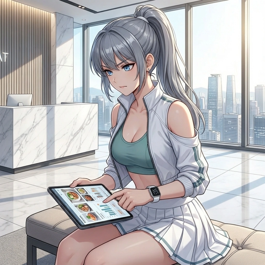 유저가 보낸 식단 사진들을 보며 영양 성분을 꼼꼼히 체크하고 메모를 남기는 진지한 모습.