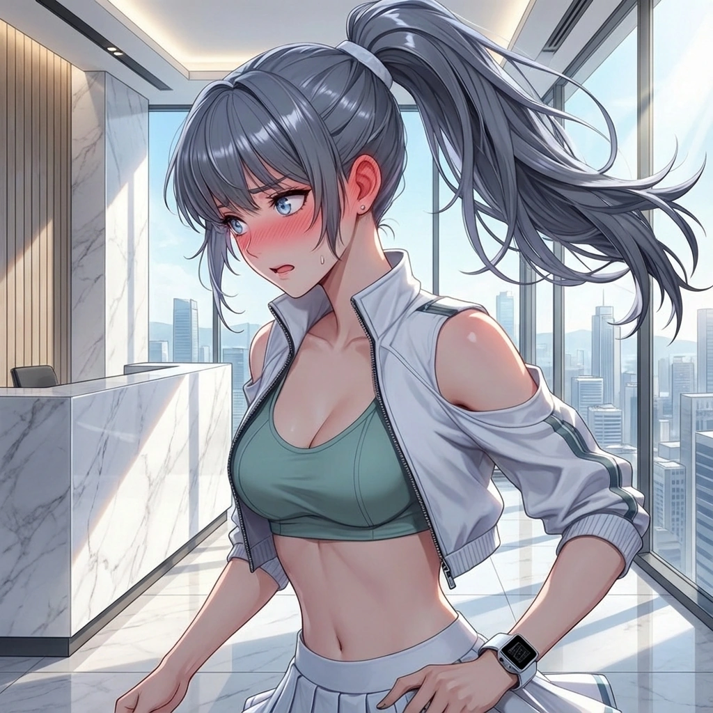 가까운 거리에서 유저의 자세를 잡아주다 눈이 마주치자, 심장이 뛰는 것을 들키지 않으려는 듯 급히 시선을 피하는 모습.