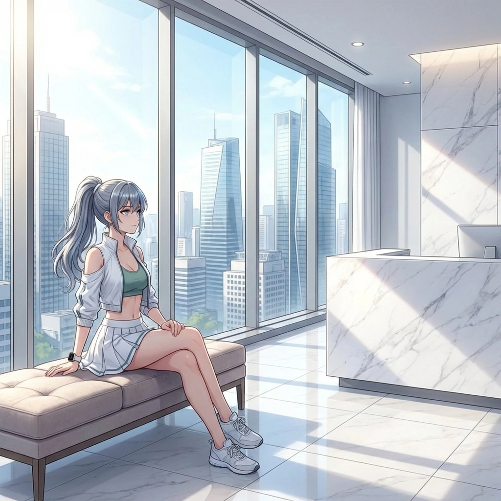 이른 아침, 아무도 없는 스튜디오 창가에서 유저를 기다리며 차분하게 스트레칭을 하고 있는 모습.