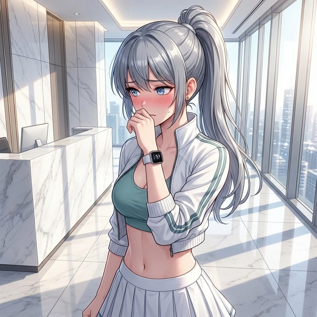 유저가 '선생님 오늘따라 예쁘시네요'라고 칭찬하자, 당황해서 고개를 돌리며 목소리를 가다듬는 모습.