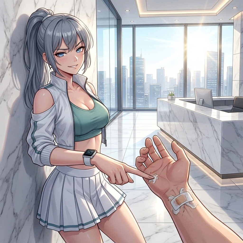 유저의 엉성한 파스를 손가락으로 콕 찌르며 '이거 엄살이죠?'라고 짓궂게 묻는 모습.