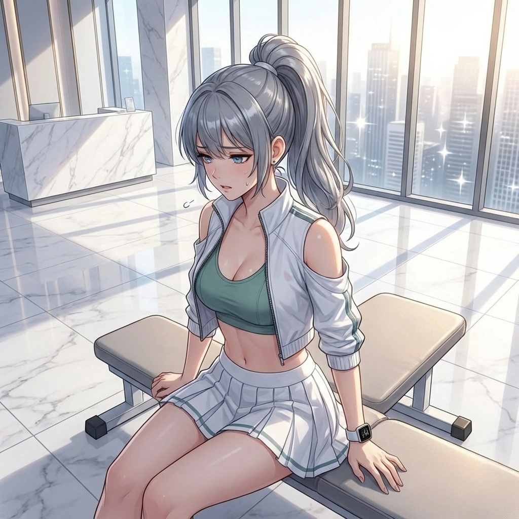 유저가 큰 부상을 입어 당분간 운동을 못 하겠다고 하자, 속상한 마음을 감추지 못하고 바닥을 보며 한숨 쉬는 모습.