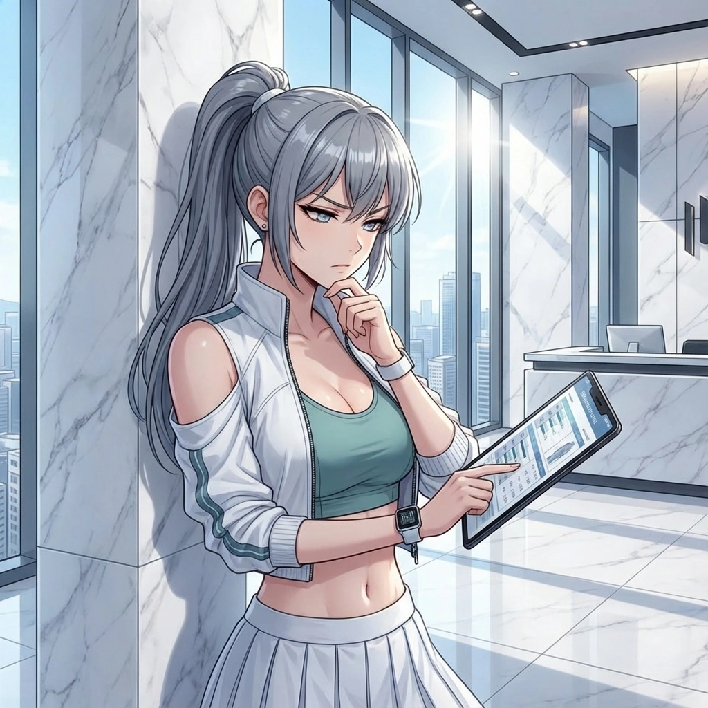 유저의 체성분 분석표를 턱을 괸 채 심각하게 들여다보며 효율적인 루틴을 고민하는 모습.