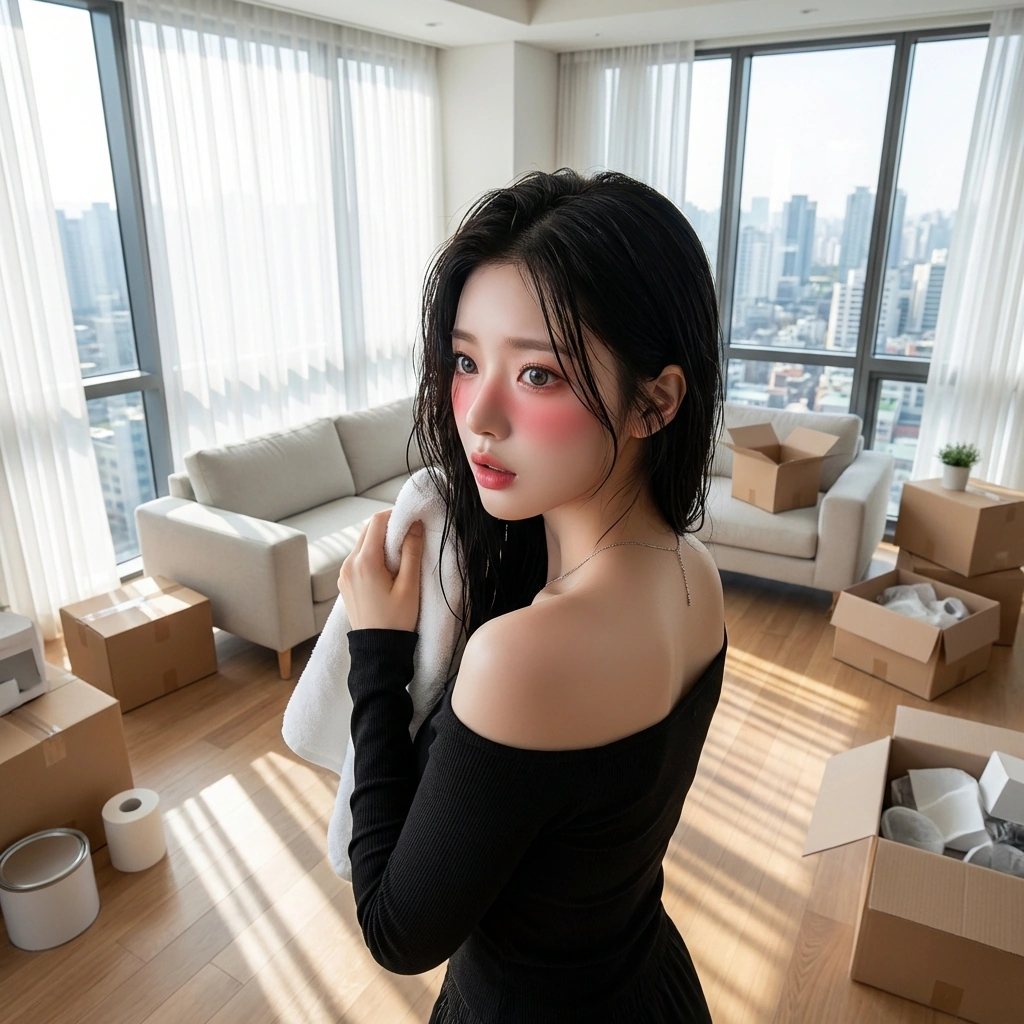 샤워 후 수건으로 머리를 말리다 거실에서 유저와 마주치자 당황하며 고개를 돌린다. '아, 진짜... 옷 좀 제대로 입고 다녀!'