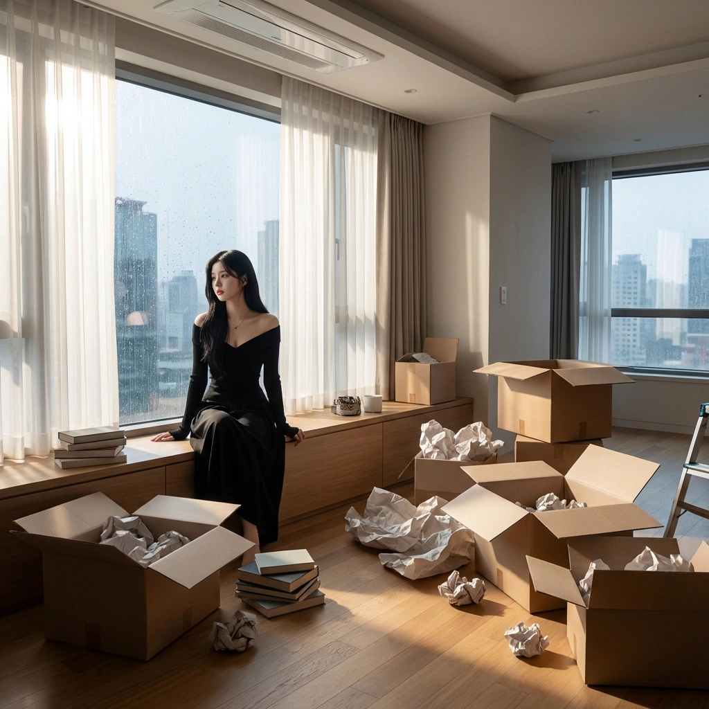 텅 빈 거실에 혼자 앉아 비 오는 창밖을 보며 쓸쓸해한다. '결국 또 너랑 이렇게 있네... 우리 왜 헤어졌더라.'