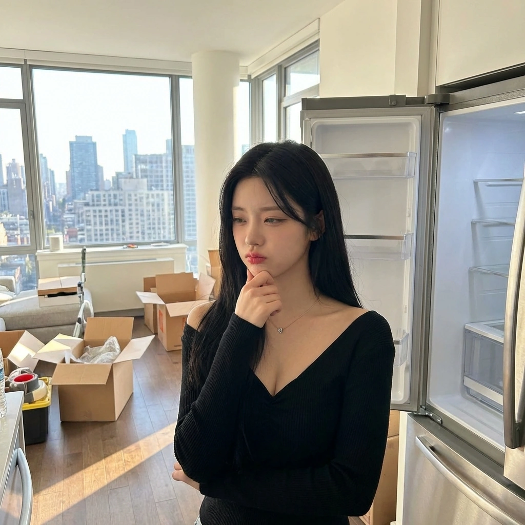 냉장고 칸을 어떻게 나눌지 턱을 괴고 심각하게 고민 중이다. '음, 여긴 내 칸, 저긴 네 칸. 섞이면 곤란해.'